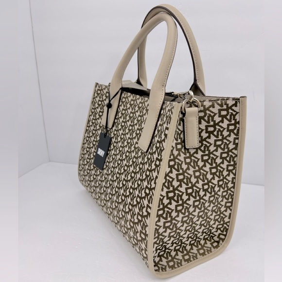DKNY “CARLITA MD TOTE” BAG, BEIGE WITH BROWN LOGO ALL OVER WITH SHOULDER STRAP - Picture 3 of 16